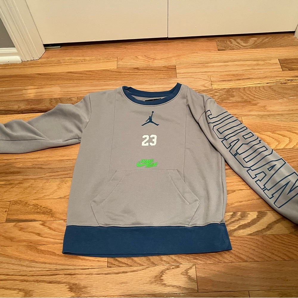 Air Jordan Kids Gray Sweatshirt with Blue and Green Accents
